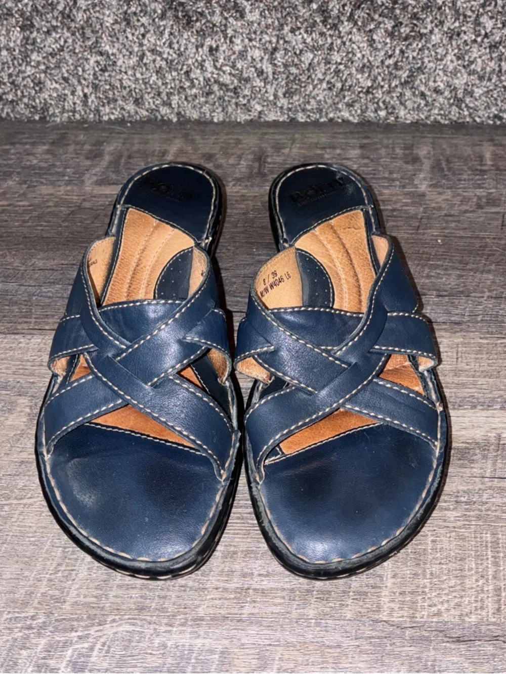 Born Womens Navy Blue Leather Strappy Wedge Slide Sandals W4046 - size 8